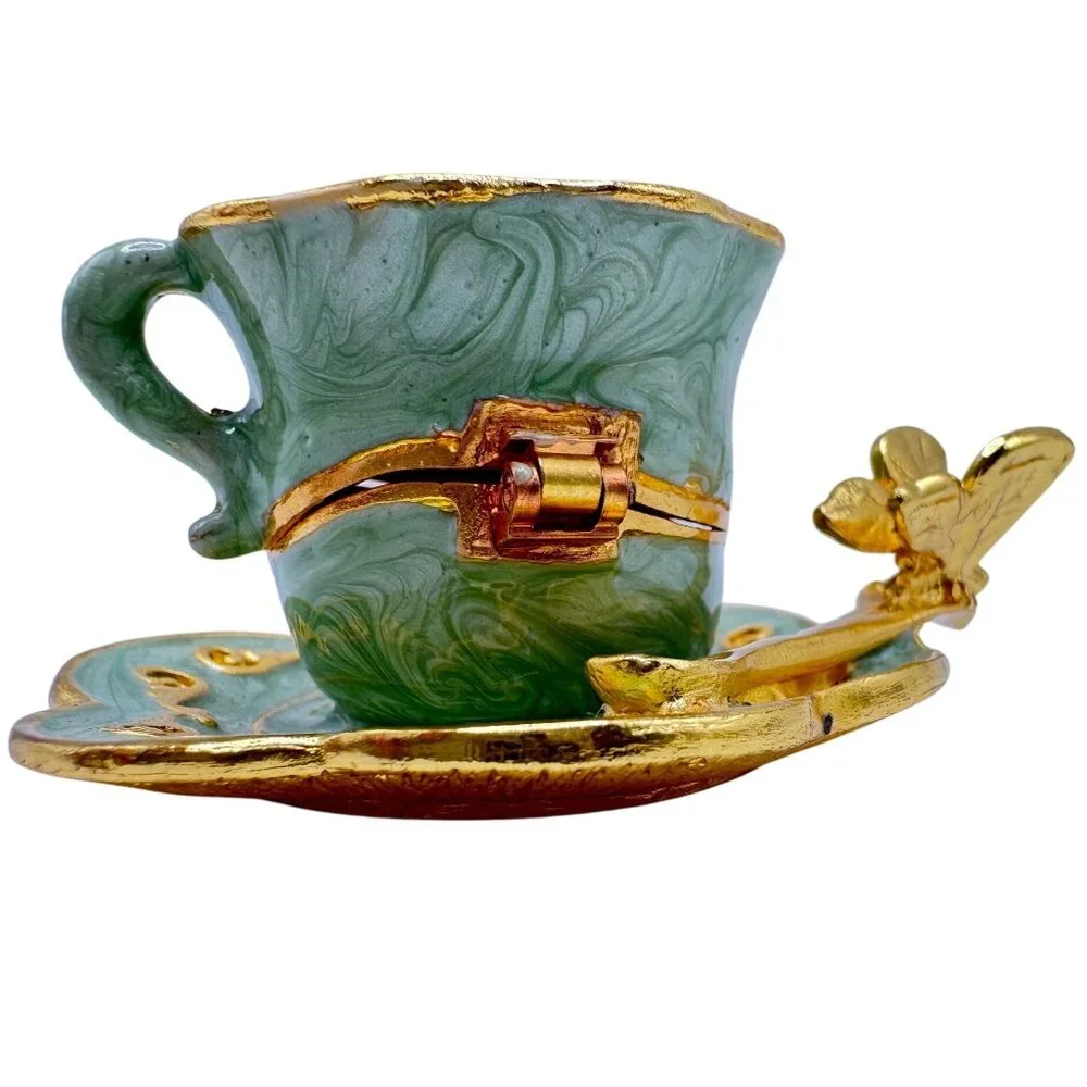 Ornate Tea Cup Jewelry Box Gold Rhinestone Embellishments Butterfly Green